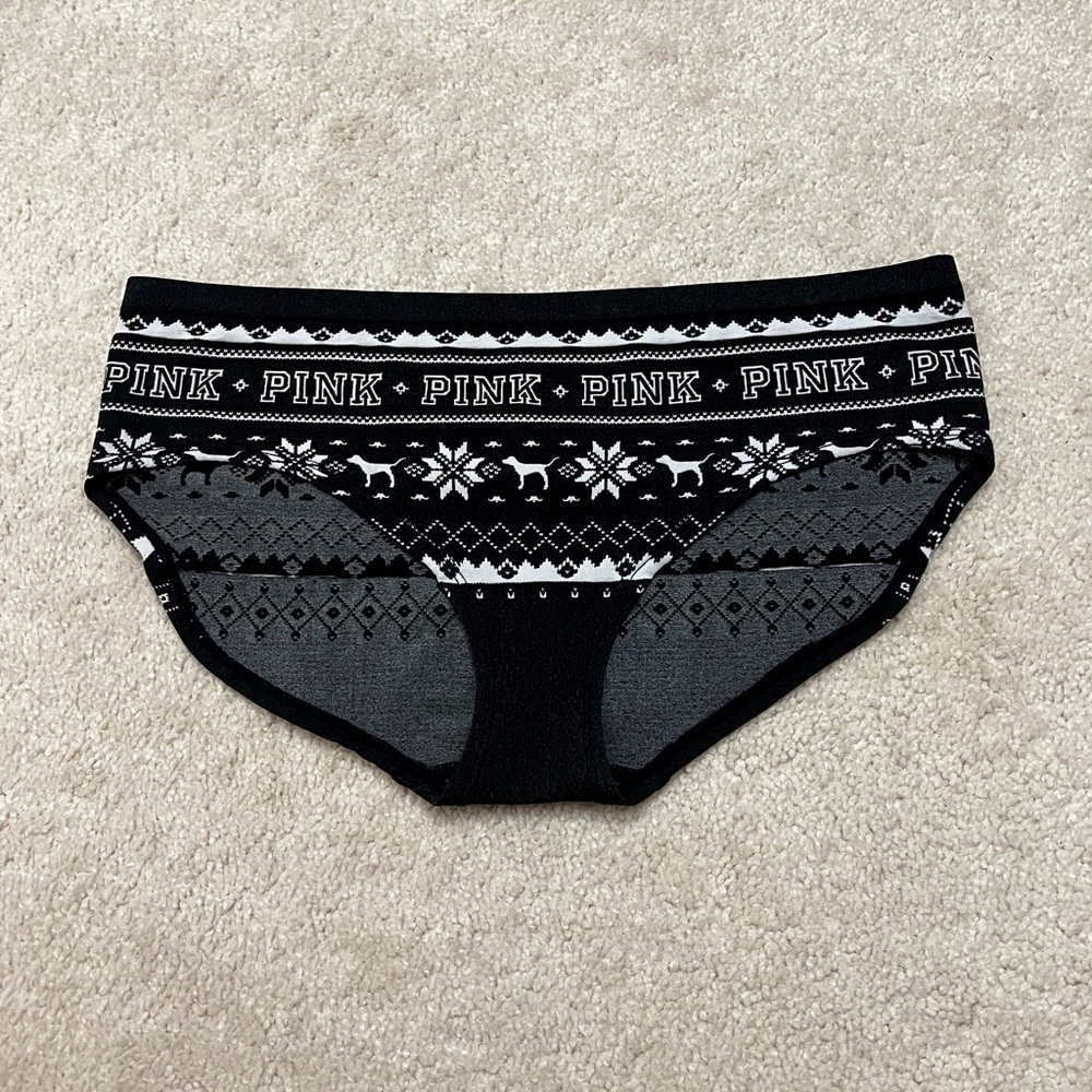 New Victoria's Secret PINK Black White Holiday Seamless Hipster Panties Large L